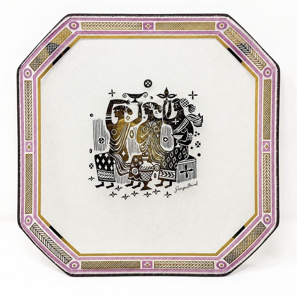 Vintage Georges Briard Gold Glass Plate Tray 9.5” Pink Greco Roman MCM